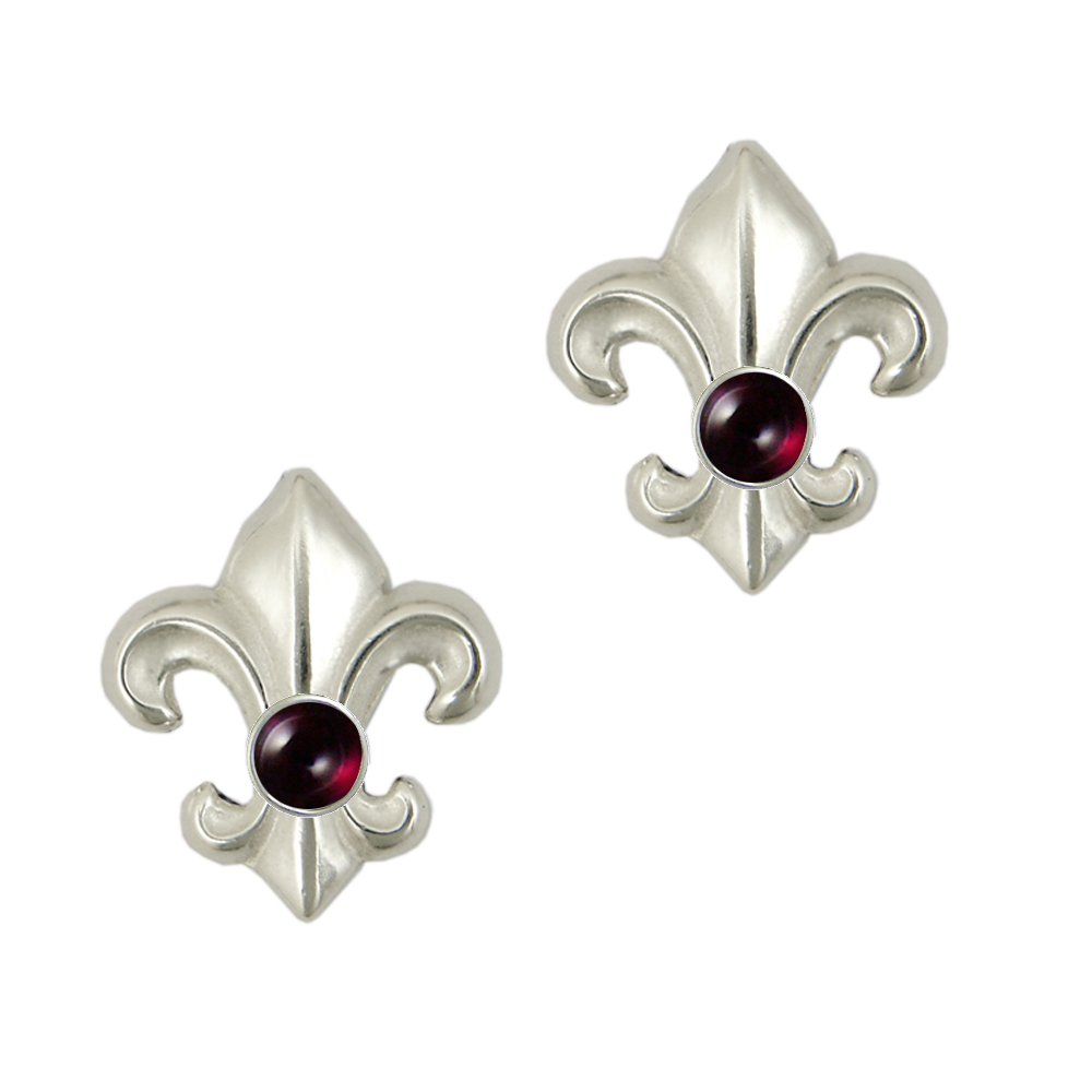 Sterling Silver And Garnet Fleur de Lis Post Stud Earrings
